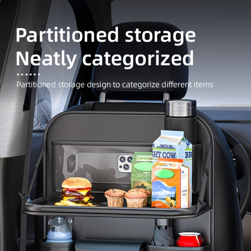 Seatback Car Organizer with Fold-Down Tray, Cup Recesses, Tissue Opening and One- or Two-Piece Packs