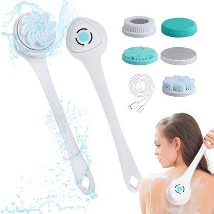 Electric Body Scrubber 6-in-1 Rechargeable Shower Brush - Vibrating Exfoliating Brush with Long Handle