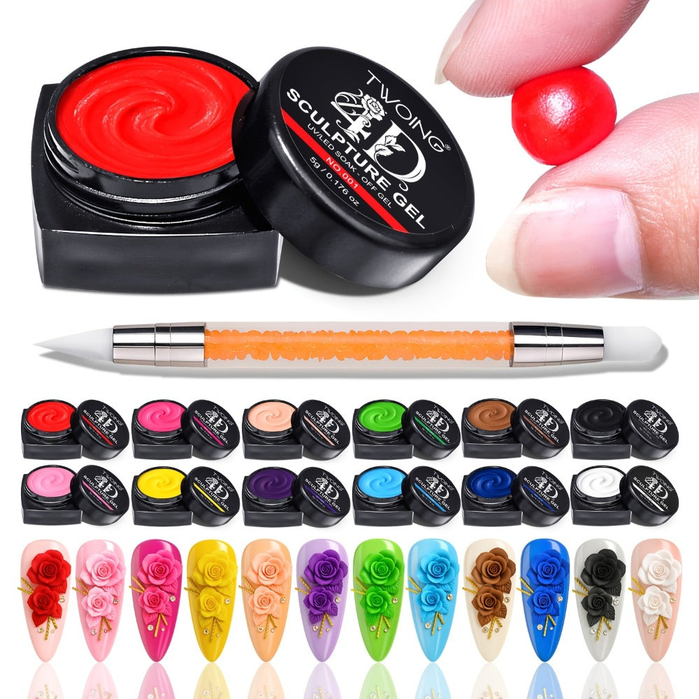 Nail Sculpting Gel Kit 3D 4D 12 Colors with Carving Pen – Firm Non-Sticky Soak-Off Sculpture Gel for Flowers, Leaves