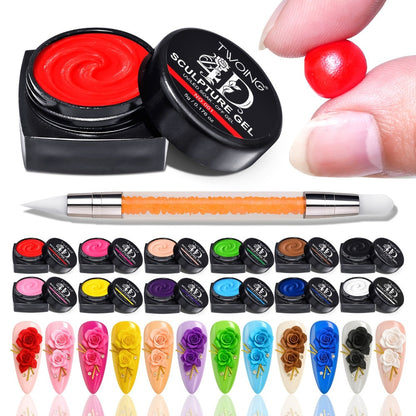 Nail Sculpting Gel Kit 3D 4D 12 Colors with Carving Pen – Firm Non-Sticky Soak-Off Sculpture Gel for Flowers, Leaves