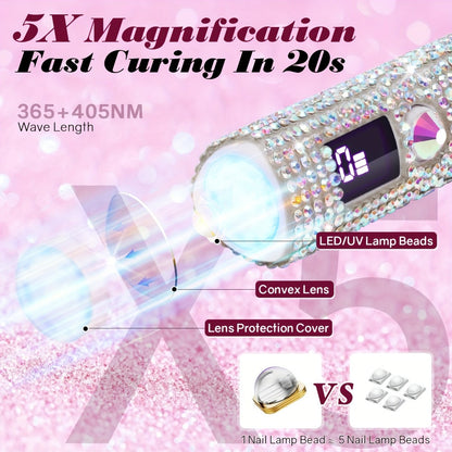 Portable LED Nail Lamp Rhinestone Design USB Rechargeable 365+405nm Quick Dry Gel Curer 20s 60s Timer LCD Display Wireless Nail Dryer