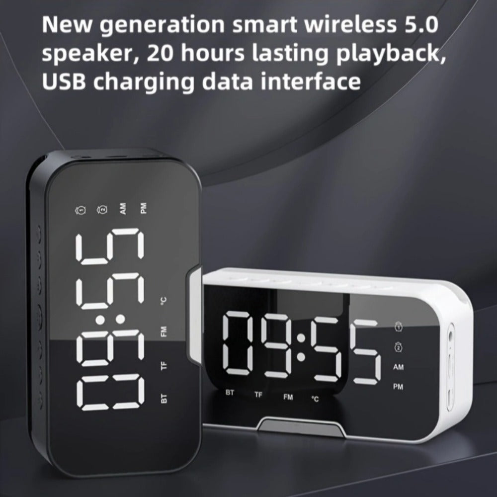 Portable Bluetooth Speaker with LED Mirror Display, Wireless Mic, FM, TF and Alarm in Three Colors