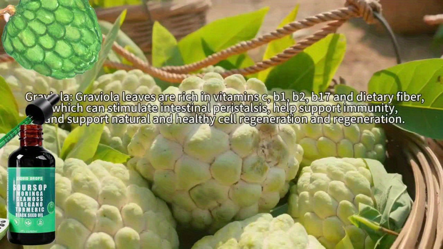Soursop Graviola Liquid Drops 2 Fl Oz, Leaf & Fruit Blend with Sea Moss, Elderberry & Black Seed Oil