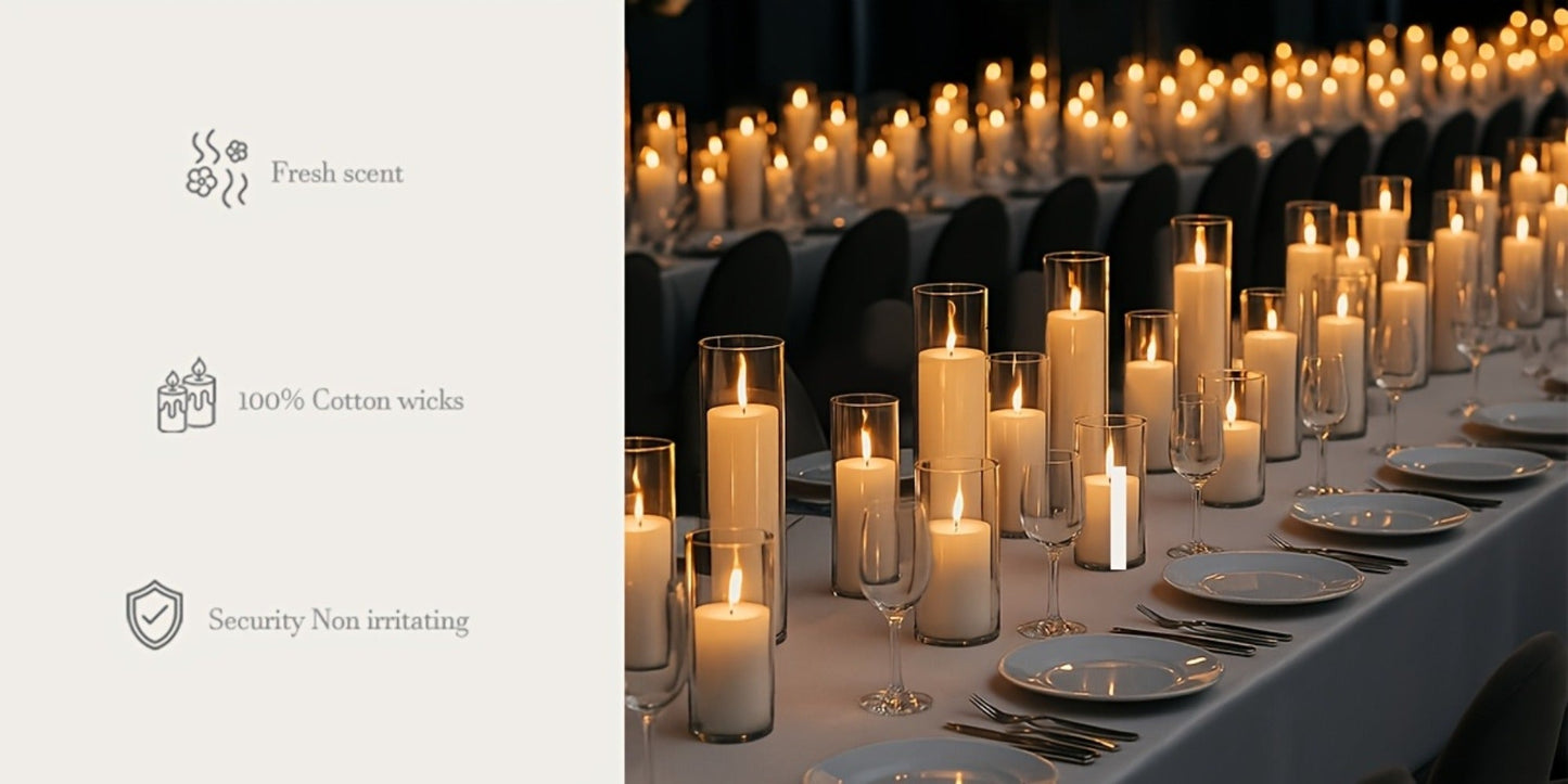 Pillar Candles with Clear Glass Hurricane Holders, Unscented White Cylinder Candles & Vases for Wedding Centerpieces