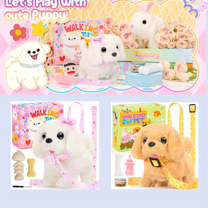 Plush Toy White Electronic Puppy with Walking, Barking, Tail-Wagging Action, Leash and Bow