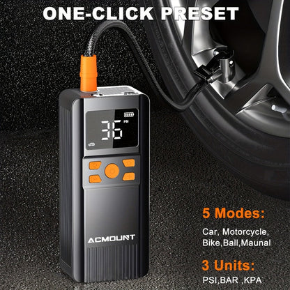 Portable Tire Inflator Cordless Air Compressor – 150PSI Fast Inflation, 5000mAh Rechargeable Battery, Digital Pressure Gauge, LED Light