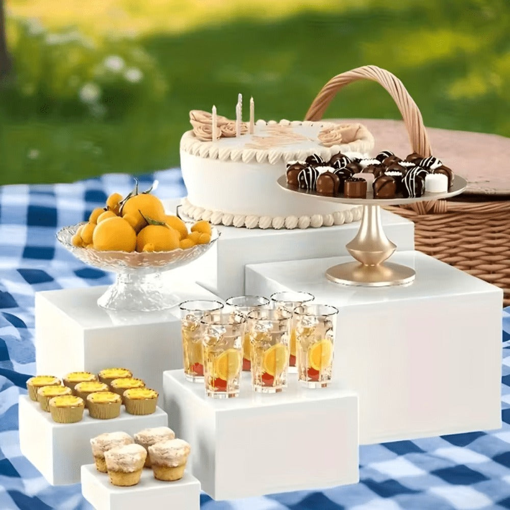 Display Stands 6pcs Five-Sided Square Buffet Risers – White Transparent Dessert Cake Display Storage Rack for Party Wedding Catering Retail