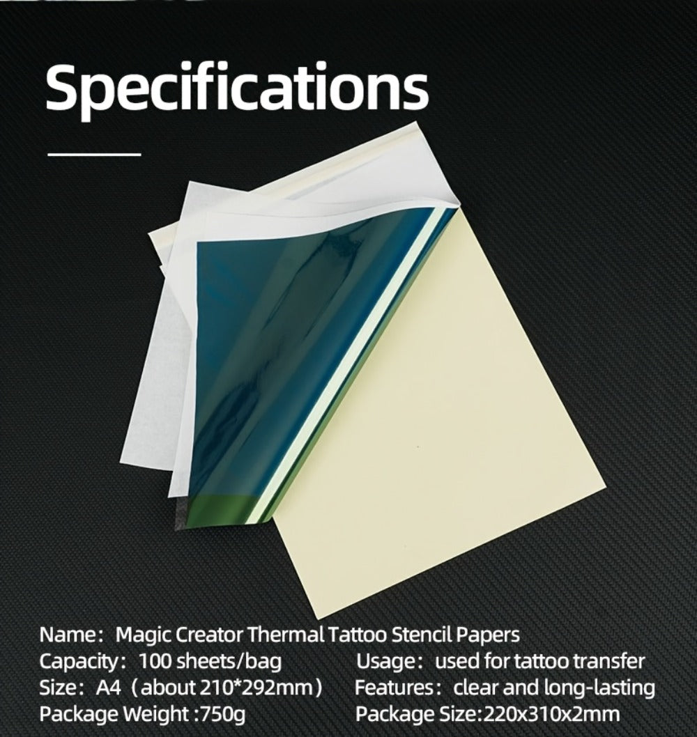 Tattoo Transfer Paper 100 Sheets 4-Layer Thermal Stencil, Sharp Precise Design Transfer, Hand Drawing &