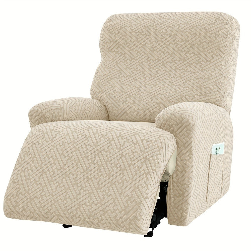 Four-Piece Maze Jacquard Recliner Chair Cover Set with Side Pocket and Nine Solid Color Options
