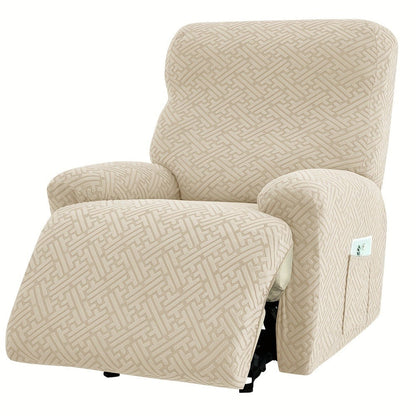 Four-Piece Maze Jacquard Recliner Chair Cover Set with Side Pocket and Nine Solid Color Options