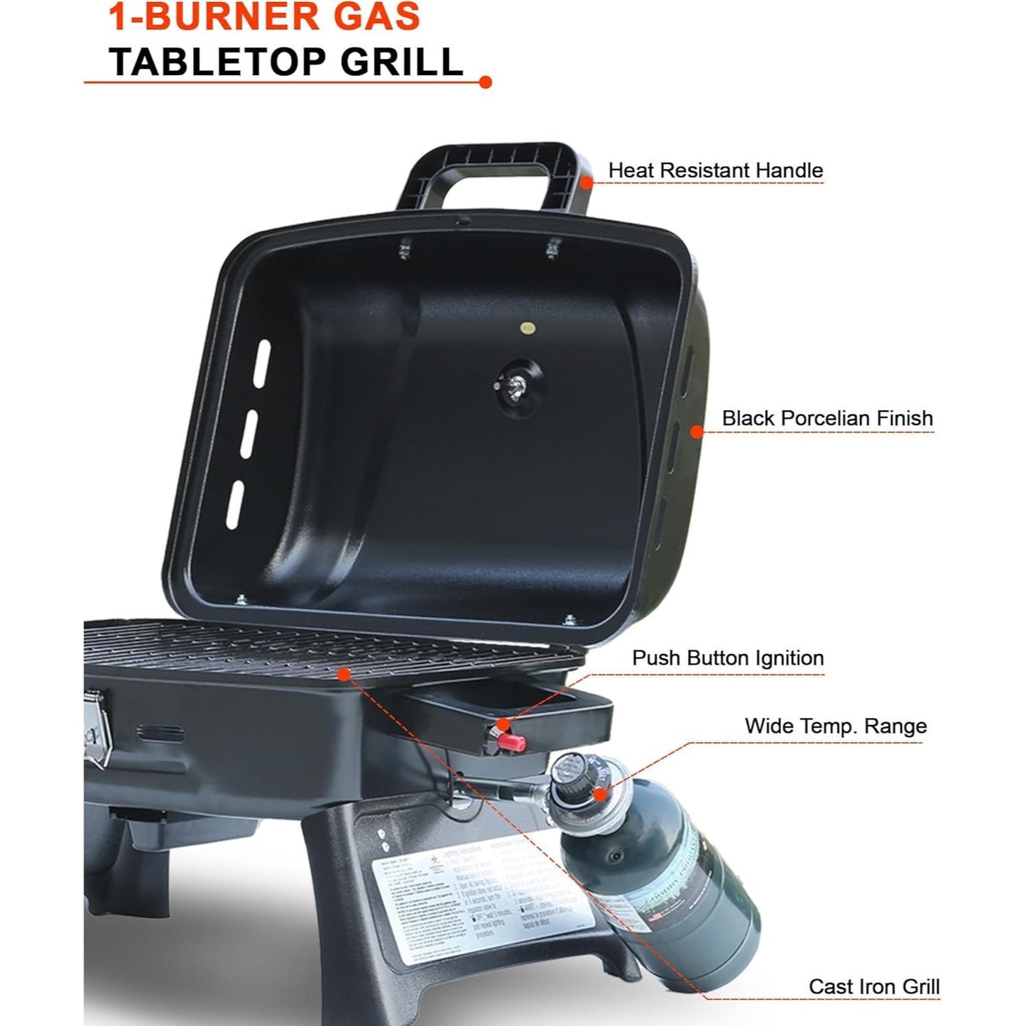 Portable Propane Grill Tabletop, 10000 BTU Single Burner Gas Grill with 239 sq in Porcelain Grates
