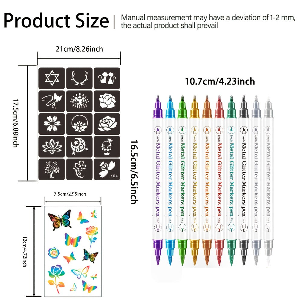 Double-Ended Tattoo Pen Set 10 Pcs with 114 Templates & Butterfly Stickers, Waterproof Sweat-Resistant DIY