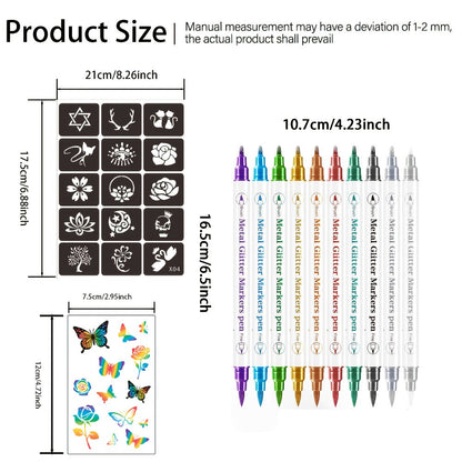 Double-Ended Tattoo Pen Set 10 Pcs with 114 Templates & Butterfly Stickers, Waterproof Sweat-Resistant DIY