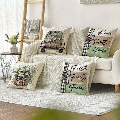 Four-Piece 18 x 18-Inch Farmhouse Botanical Throw Pillow Cover Set with Eucalyptus and Plaid Prints