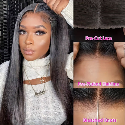 Wig Bone-Straight Glueless Human Hair in Natural Black, 10-34 Inch Options with Pre-Cut 6x4.5 Lace