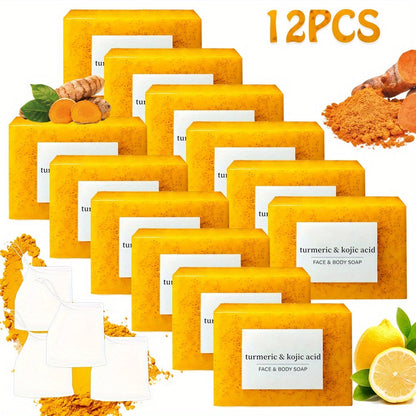 Kojic Acid Turmeric Soap Bar Set 12 Pack 100g with 4 Bubble Nets – Ginger Lemon Handmade Moisturizing Brightening Body Soap for Dark Spots