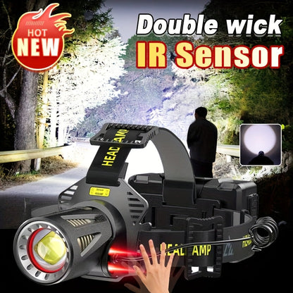 XHP360 Rechargeable Zoom Headlamp with IR Sensor, 500m Beam Label, 90° Tilt and Three 18650 Cells