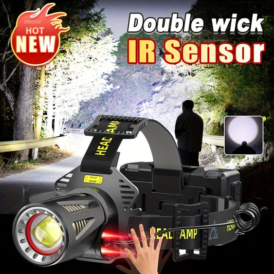 XHP360 Rechargeable Zoom Headlamp with IR Sensor, 500m Beam Label, 90° Tilt and Three 18650 Cells
