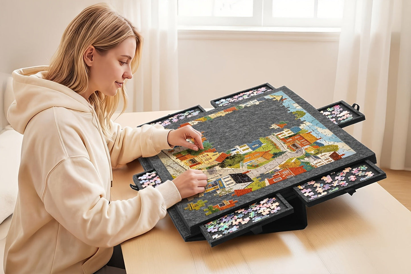 Roll-Up Puzzle Mat Board Extra Large – Foldaway Felt Mat for 1000 & 1500 Piece Jigsaw Puzzles, 6 Sorting Drawers