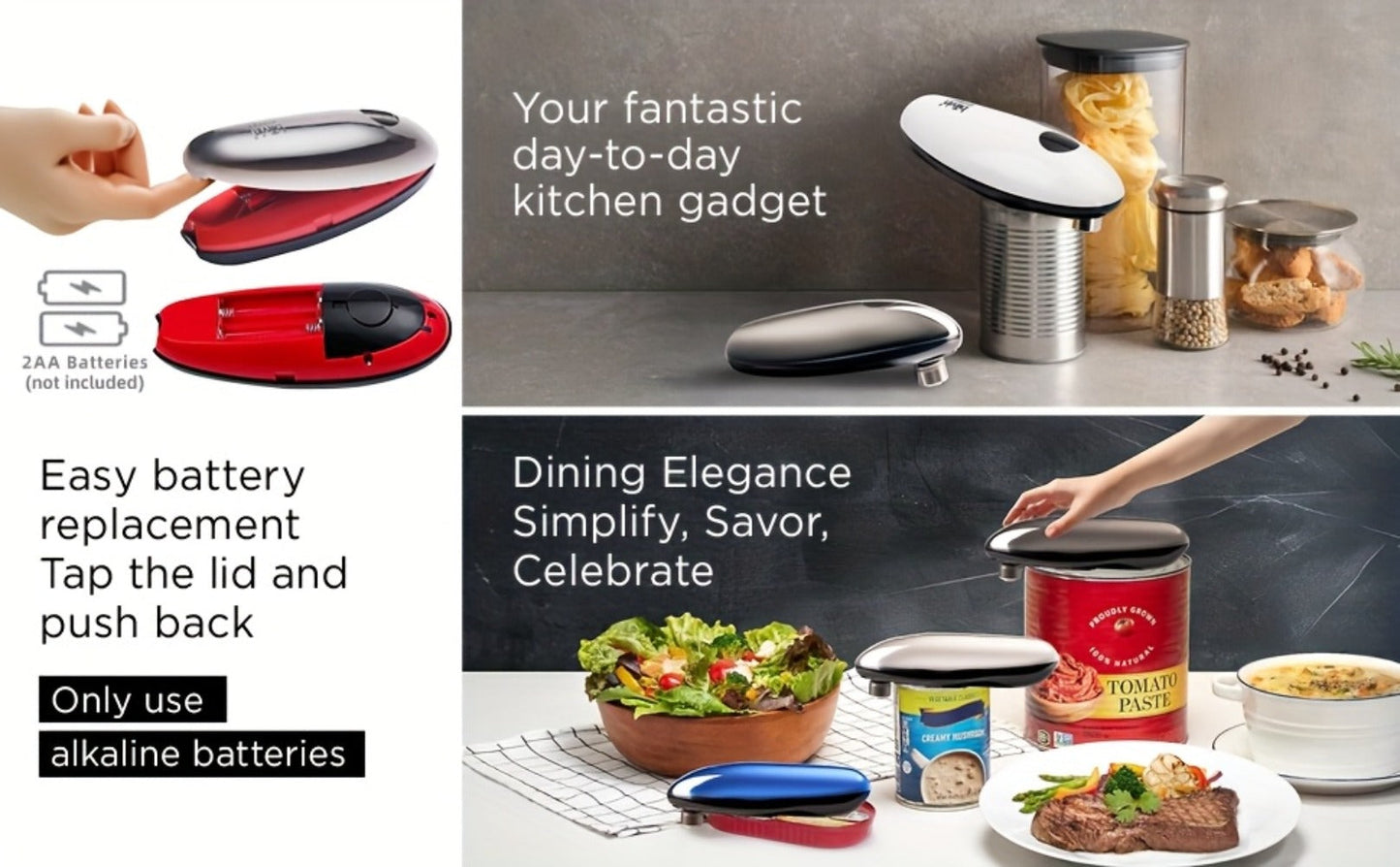 Kitchen Expert Battery Can Opener with One-Touch Control, Circular Rim Operation and Four Colors
