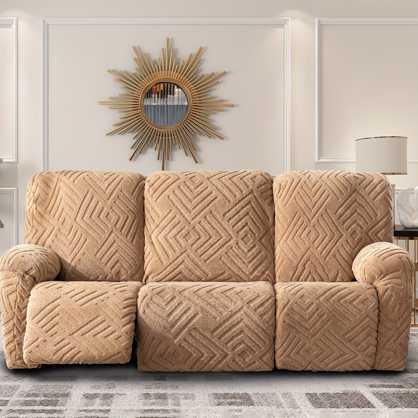 Sofa Cover Three-Seat Jacquard Knit Slipcover with Side Pocket, Elastane Stretch and Seven Solid Colors