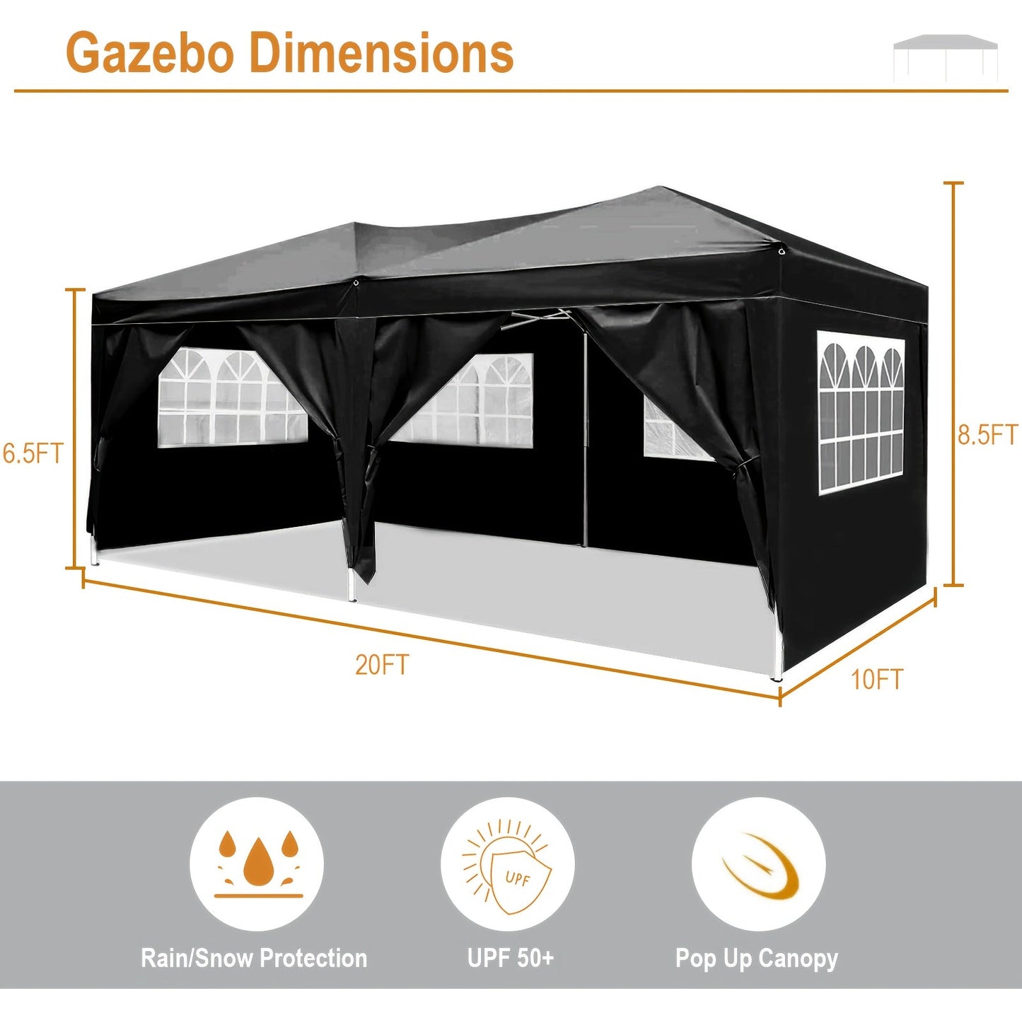 Party Tent 10x20ft 6 Sidewalls Commercial Canopy for Garden, Patio and Yard Use, with the Listed Configuration