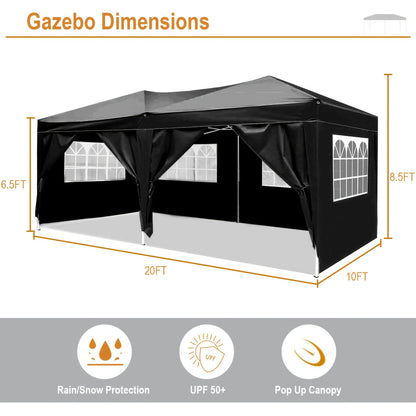 Party Tent 10x20ft 6 Sidewalls Commercial Canopy for Garden, Patio and Yard Use, with the Listed Configuration