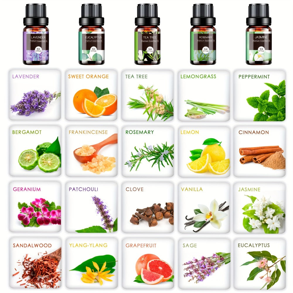 Essential Oil Assortment in 12, 20 or 26 Five-Milliliter Amber Bottles with Floral Gift Box