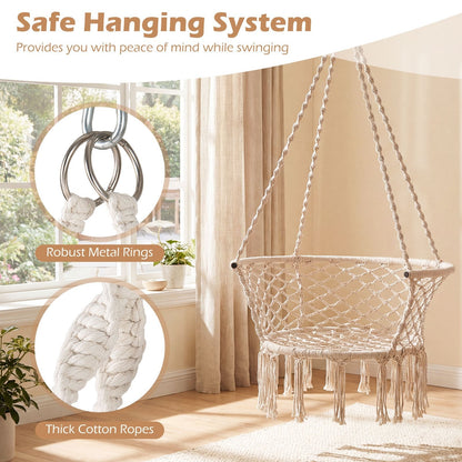 Beige Macrame Hammock Chair with Cotton Rope, Metal Frame and 31.5 x 26-Inch Hanging Seat Design