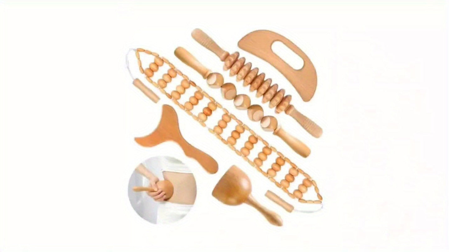 Wooden Massage Tool Set 6pcs Manual Facial Massager Kit with Wood Rollers Pointed Bead Textured Heads for Face Neck Full Body Relaxation