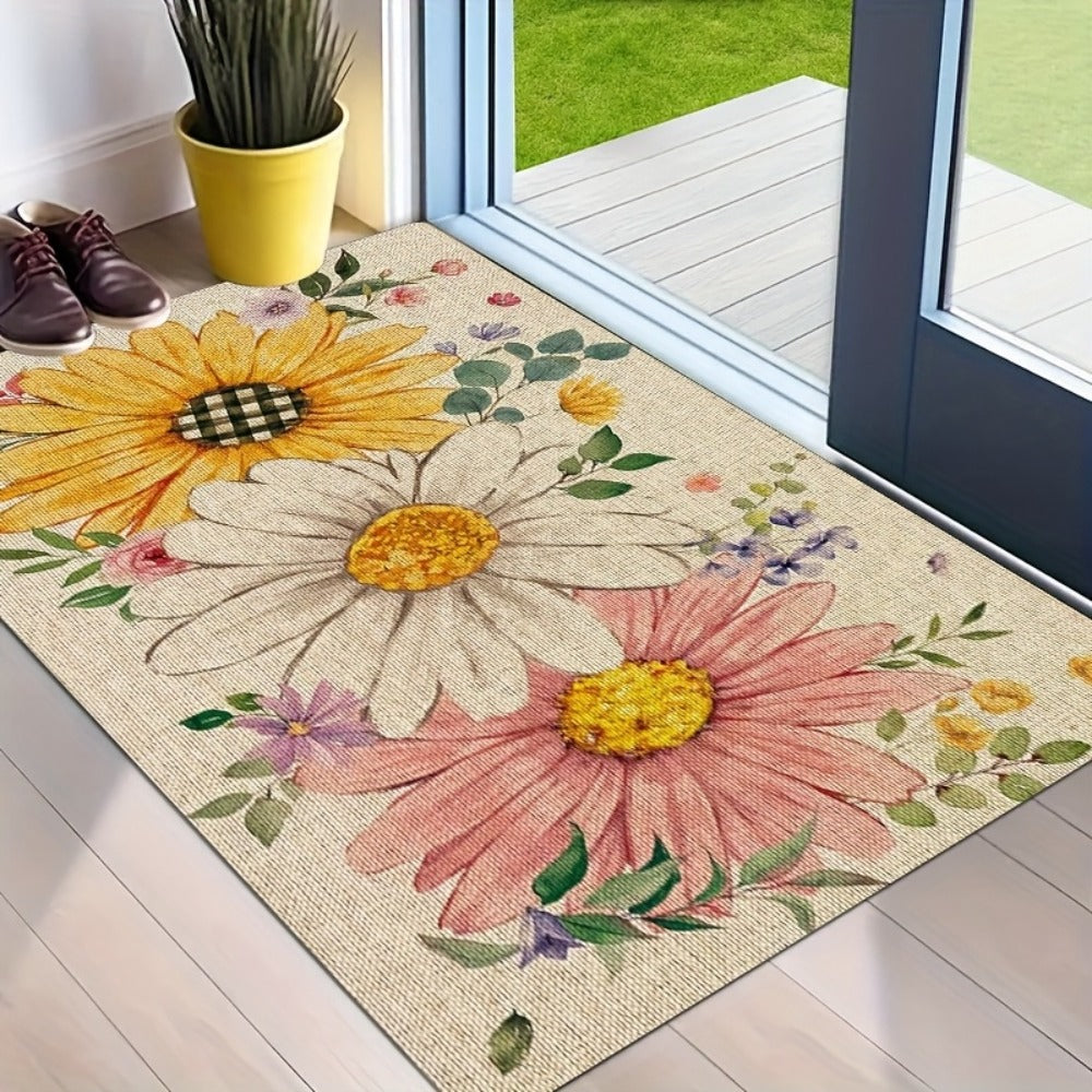 Sunflower Daisy Doormat Floral Welcome Mat Flannel Rug for Front Door Entryway Bathroom Kitchen, Spring Summer Seasonal Decor