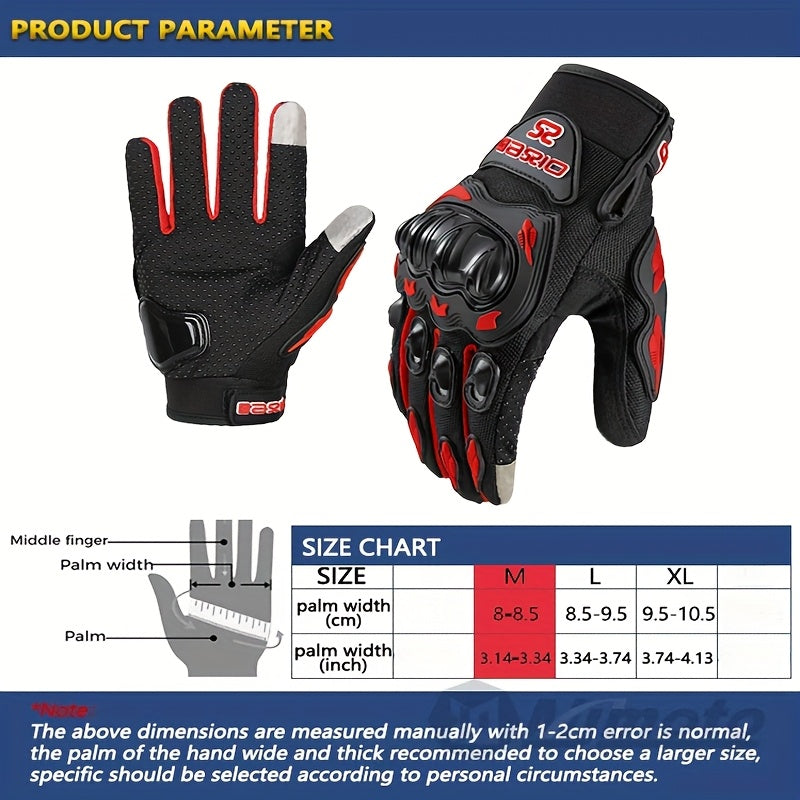 Full-Finger Motorcycle Gloves with Segmented Knuckle Shell, Wrist Tabs, Black or Red in M to XL