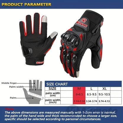 Full-Finger Motorcycle Gloves with Segmented Knuckle Shell, Wrist Tabs, Black or Red in M to XL