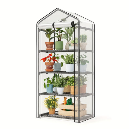 4 Tier Mini Greenhouse for Indoor Outdoor Plants, Portable PE Cover Greenhouse with Rack Stand for Seedlings