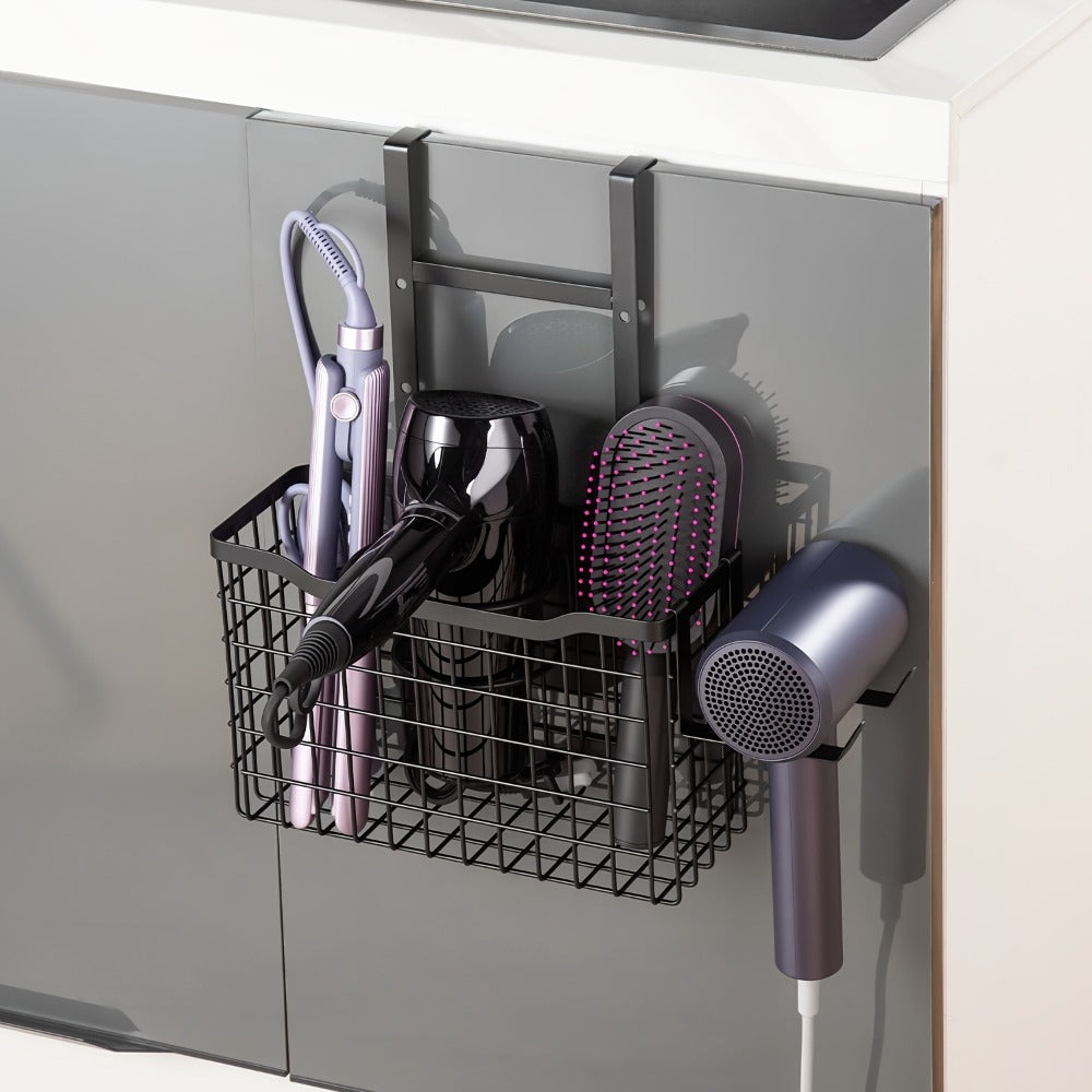 Hanging Hair Tool Organizer with Adjustable Mounting Height, Wire Basket and Black or White Finish