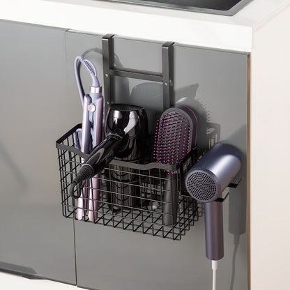 Hanging Hair Tool Organizer with Adjustable Mounting Height, Wire Basket and Black or White Finish