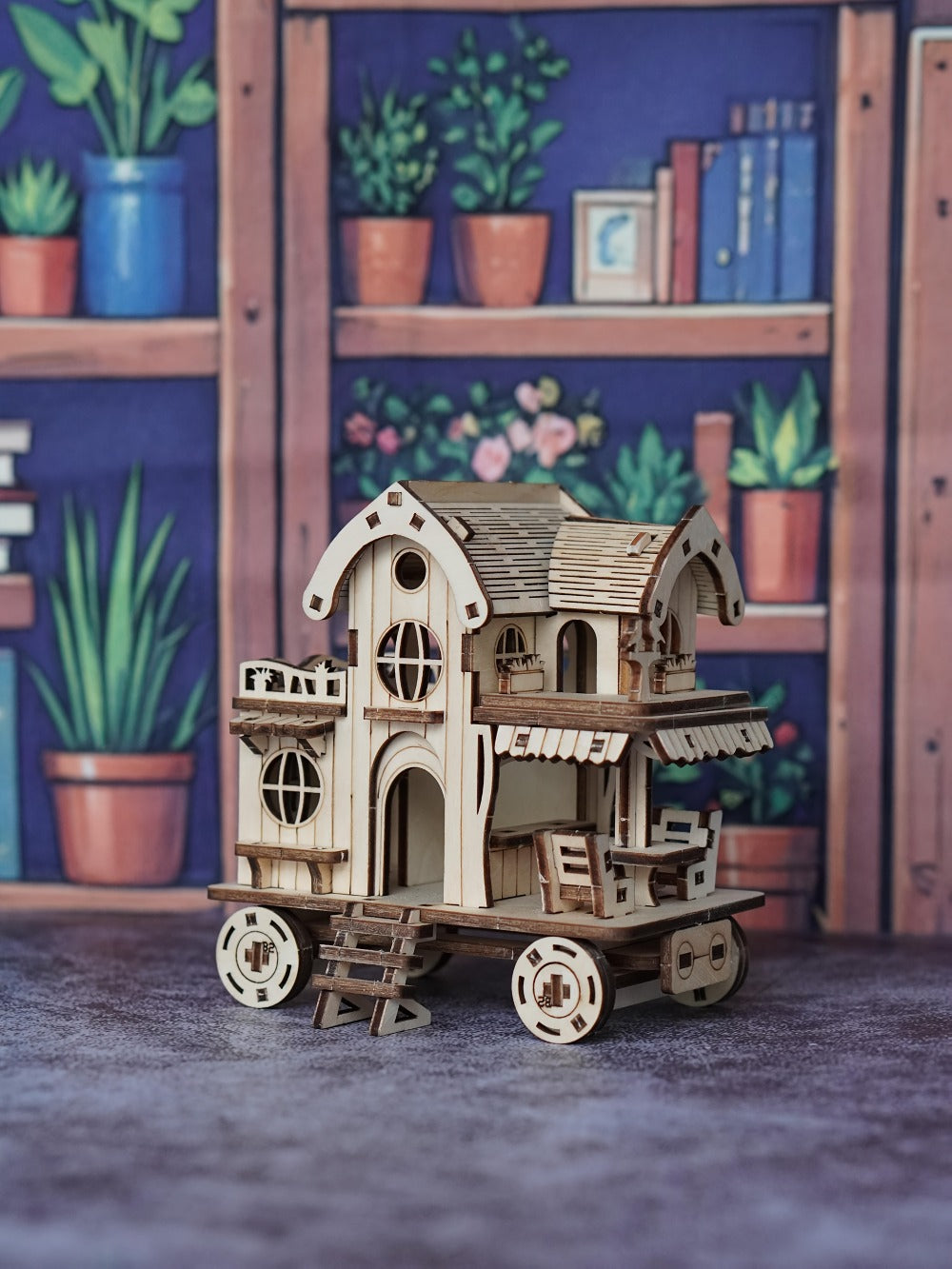 3D Wooden Puzzle Mobile Home on Wheels – DIY Café Bar Model Kit, Handcrafted Miniature House Assembly, Unique Desk Decoration Gift