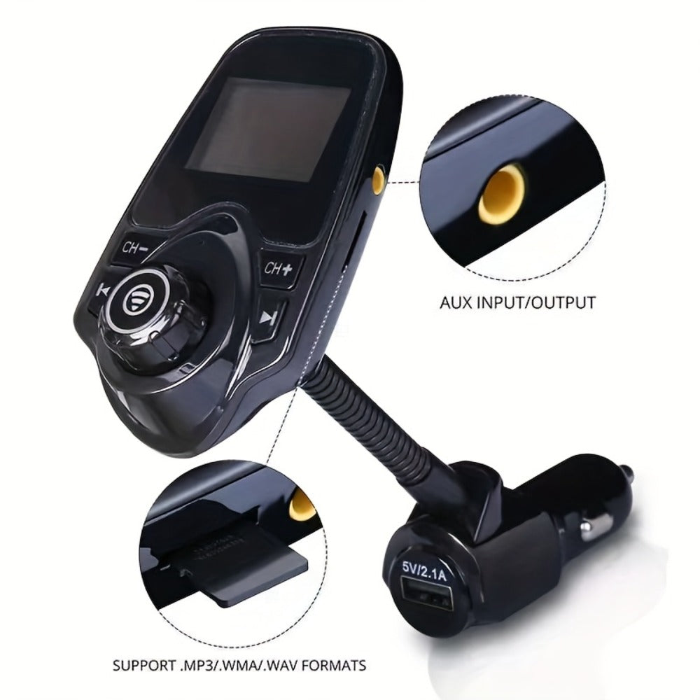 Flexible-Neck Car FM Transmitter with 1.44-Inch Display, Dual USB Ports, AUX Jack and Rotary Control