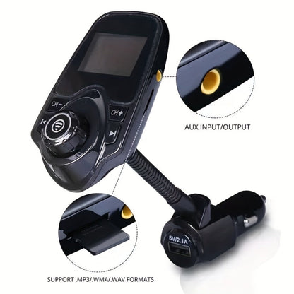 Flexible-Neck Car FM Transmitter with 1.44-Inch Display, Dual USB Ports, AUX Jack and Rotary Control