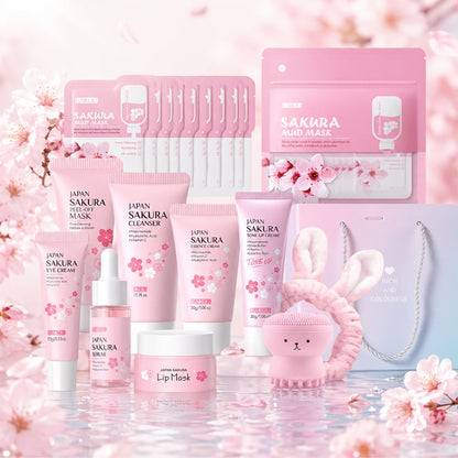 30-Piece Sakura Skincare Gift Set with Pink Face-Care Assortment, Mask Packets, Pouch and Routine Accessories