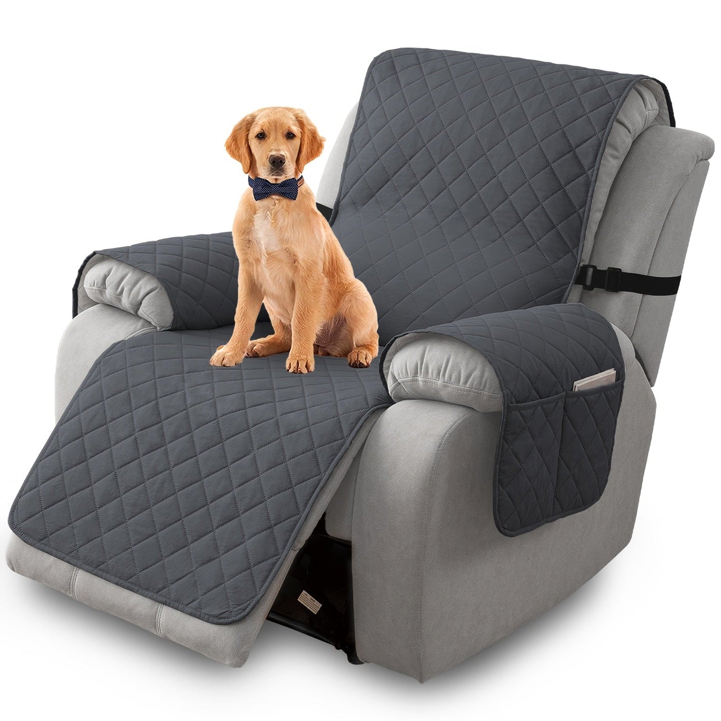One-Piece Quilted Recliner Chair Cover with Wide Arm Wings, Back Strap and Eight Color Options