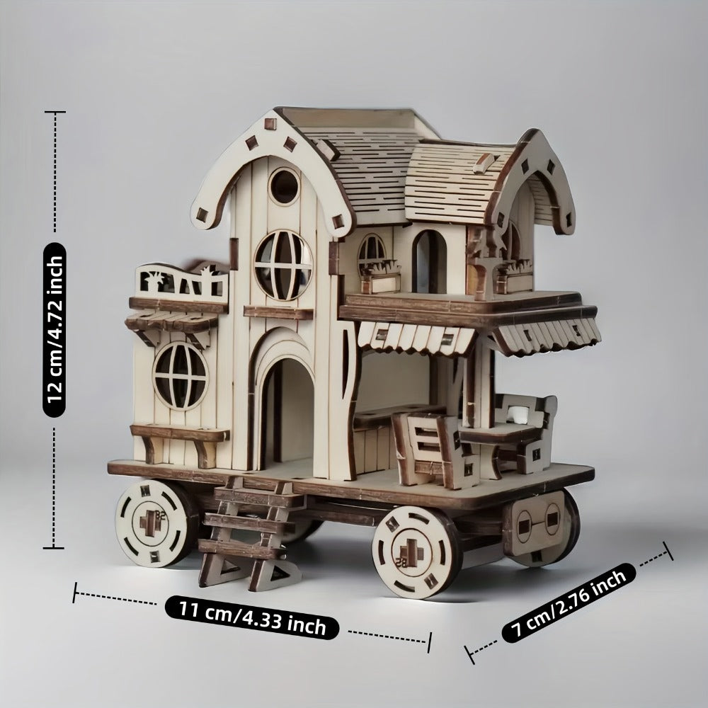 3D Wooden Puzzle Mobile Home on Wheels – DIY Café Bar Model Kit, Handcrafted Miniature House Assembly, Unique Desk Decoration Gift