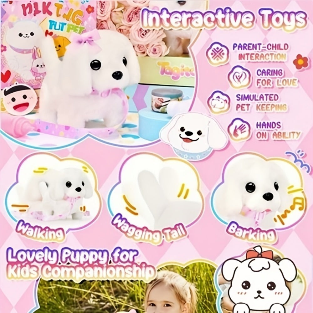 Plush Toy White Electronic Puppy with Walking, Barking, Tail-Wagging Action, Leash and Bow