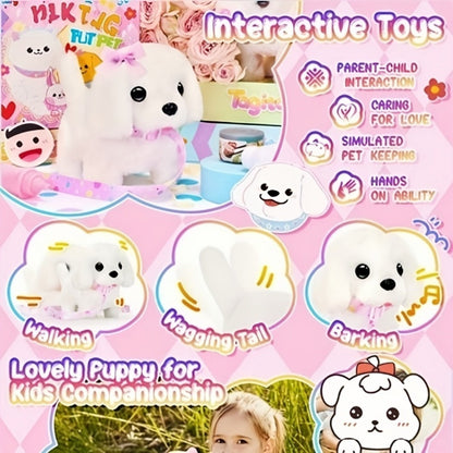 Plush Toy White Electronic Puppy with Walking, Barking, Tail-Wagging Action, Leash and Bow