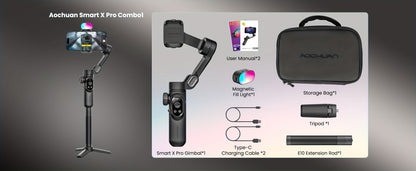AOCHUAN Smart X Pro Combo 3-Axis Smartphone Gimbal Stabilizer, RGB Fill Light, Extension Rod