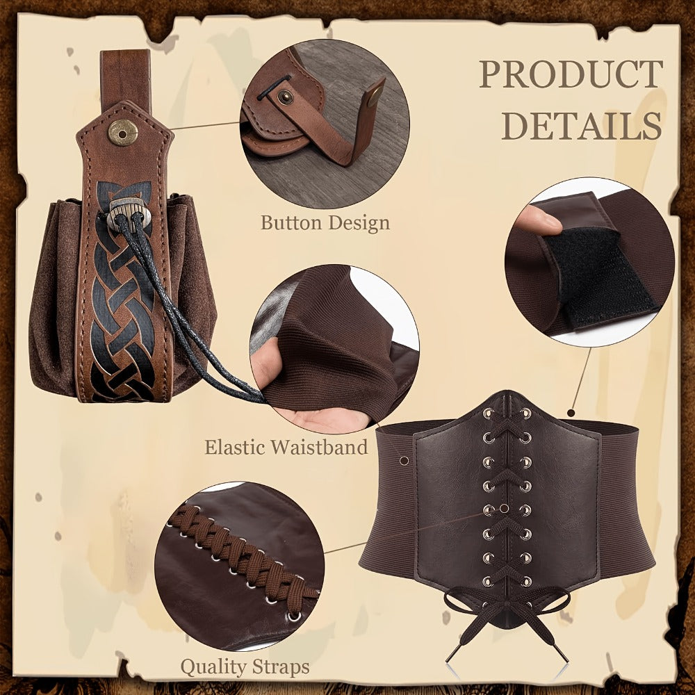 Medieval Costume Accessories Set 5-Piece, Corset Belt, Renaissance Belt Bag, Cork Potion Bottle & More for Halloween