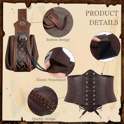 Medieval Costume Accessories Set 5-Piece, Corset Belt, Renaissance Belt Bag, Cork Potion Bottle & More for Halloween