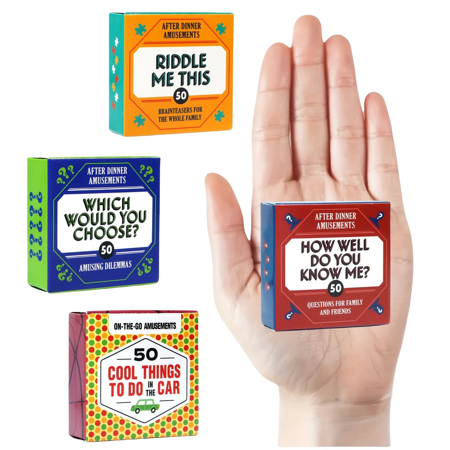 After Dinner Amusements Card Game Set with Four Mini Boxes and 200 Total Prompts Across Four Themes