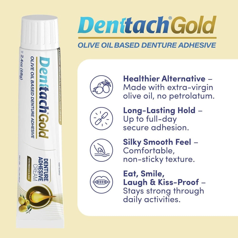 Denture Adhesive Cream – Olive Oil-Based All-Day Secure Hold for Full & Partial Dentures, Zinc-Free Petroleum-Free Non-Glue Cushion Soft