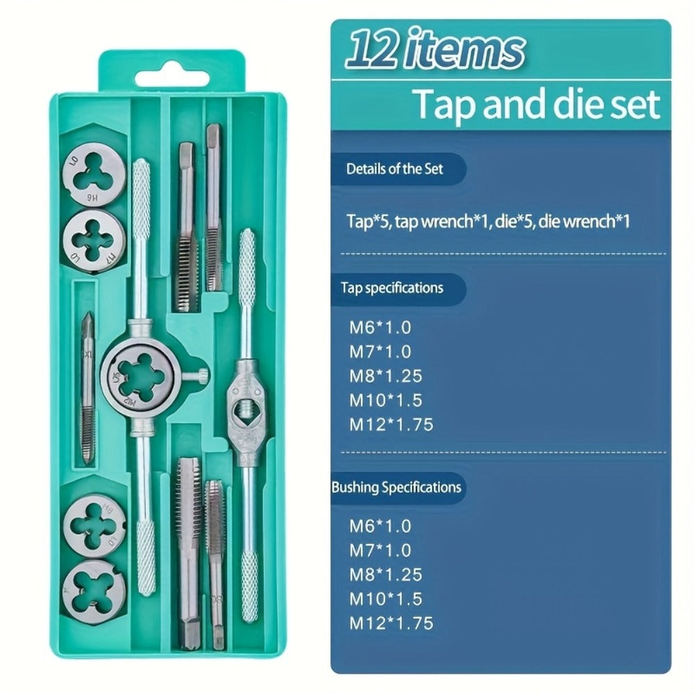 Metric Tap and Die Set 12pcs or 40pcs, M3-M12 Hand Thread Tapping Tool Kit with Plug Taps, Straight & Cone Reamers